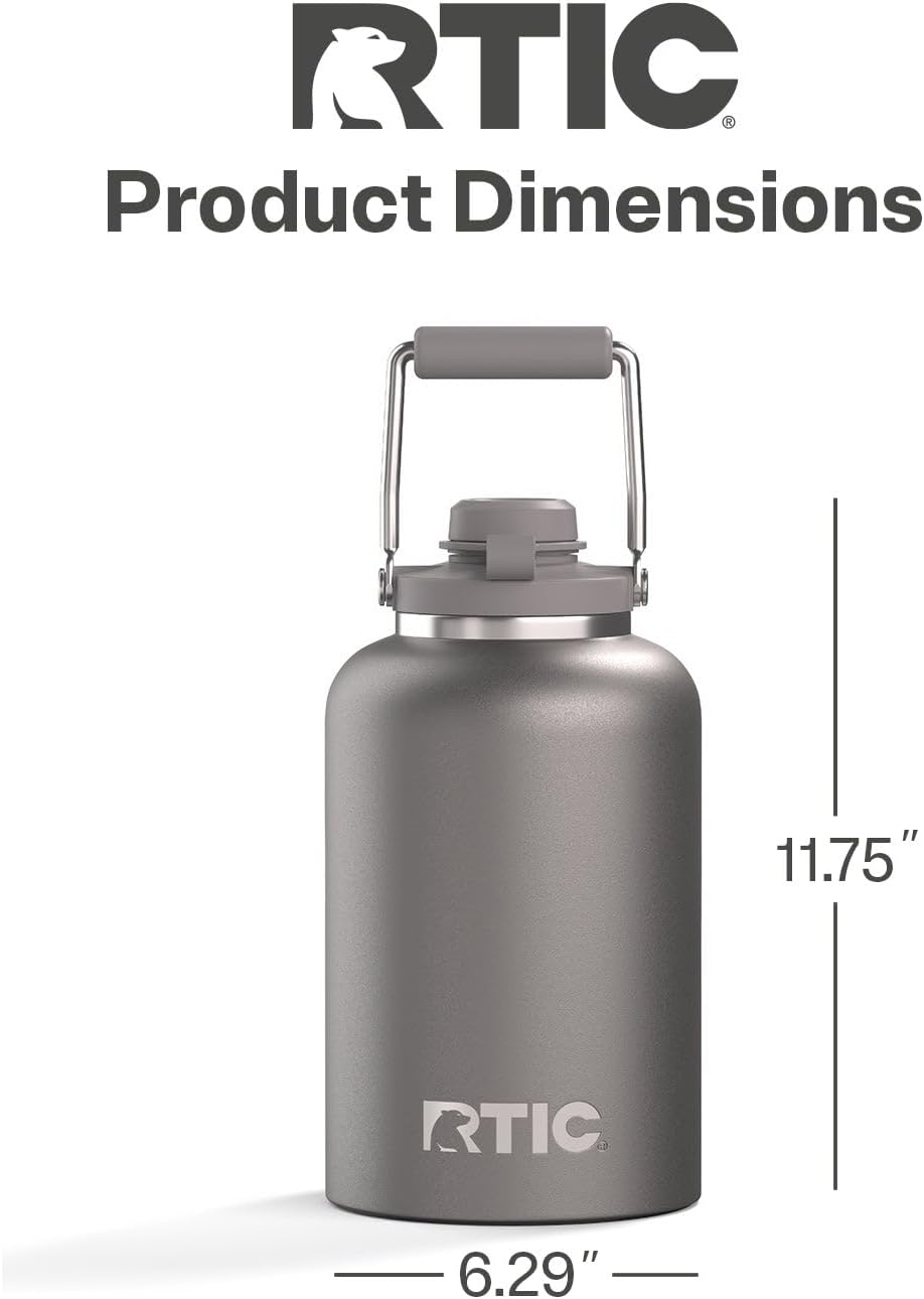 RTIC 1 Gallon Outback Jug, Stainless Steel, Ceramic Lined Insulated Water Bottle with Lid and Handle, BPA-Free, Double Wall Vacuum Insulation, Graphite