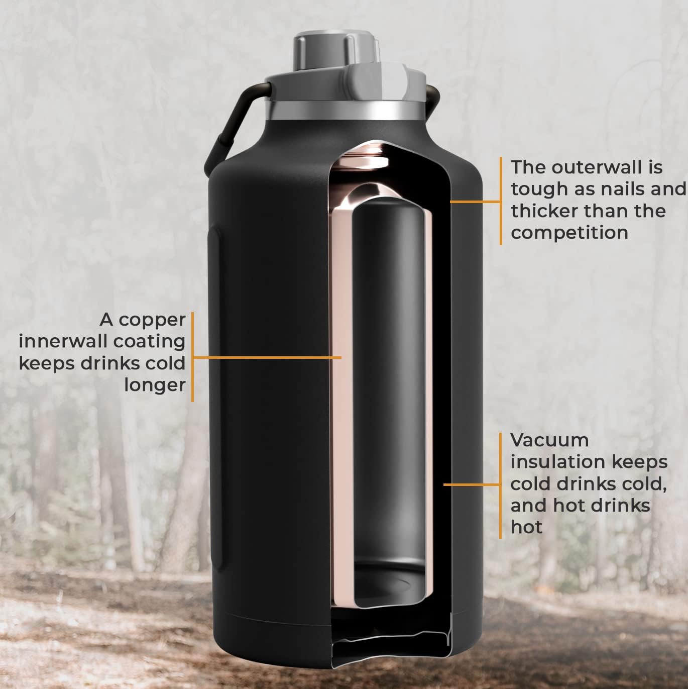 TrailKeg Sports Water Bottle, 128 oz, One Gallon, Vacuum Insulated Stainless Steel, Double Walled, Hot for 12 Hours, Cold for 48 Hours, Wide Mouth Metal Jug