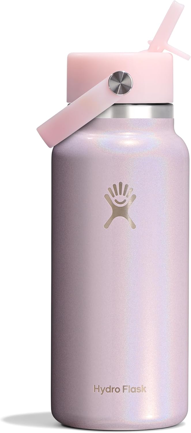 Hydro Flask Water Bottle - Insulated Stainless Steel - Wide Mouth Flex Straw Lid, Non-Spill, Leakproof and Refillable in 32 Oz Glimmer Pink