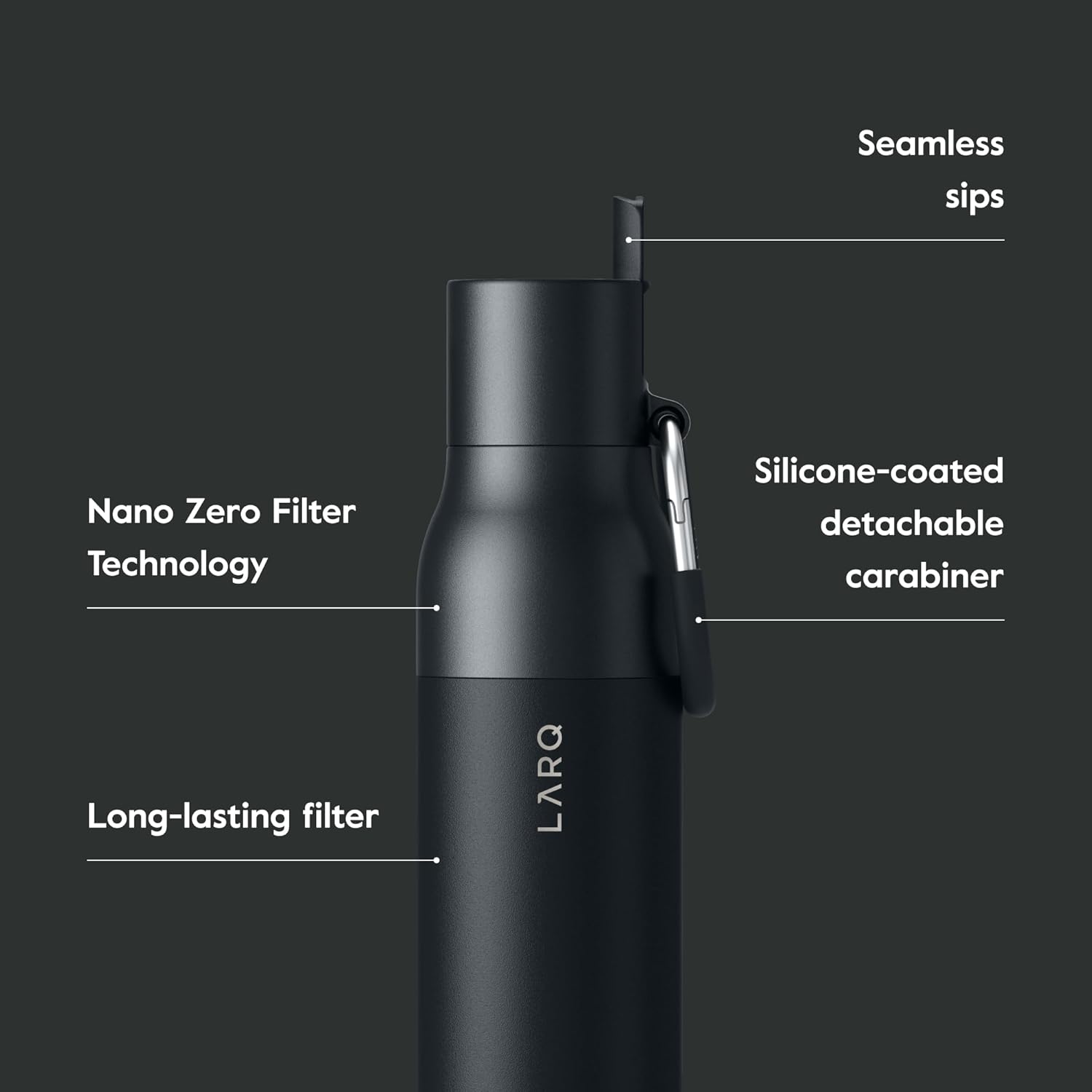 LARQ Bottle Filtered - Insulated Stainless Steel Water Bottle BPA Free with Nano Zero Technology and Long-Lasting Filters, Obsidian Black, 25oz