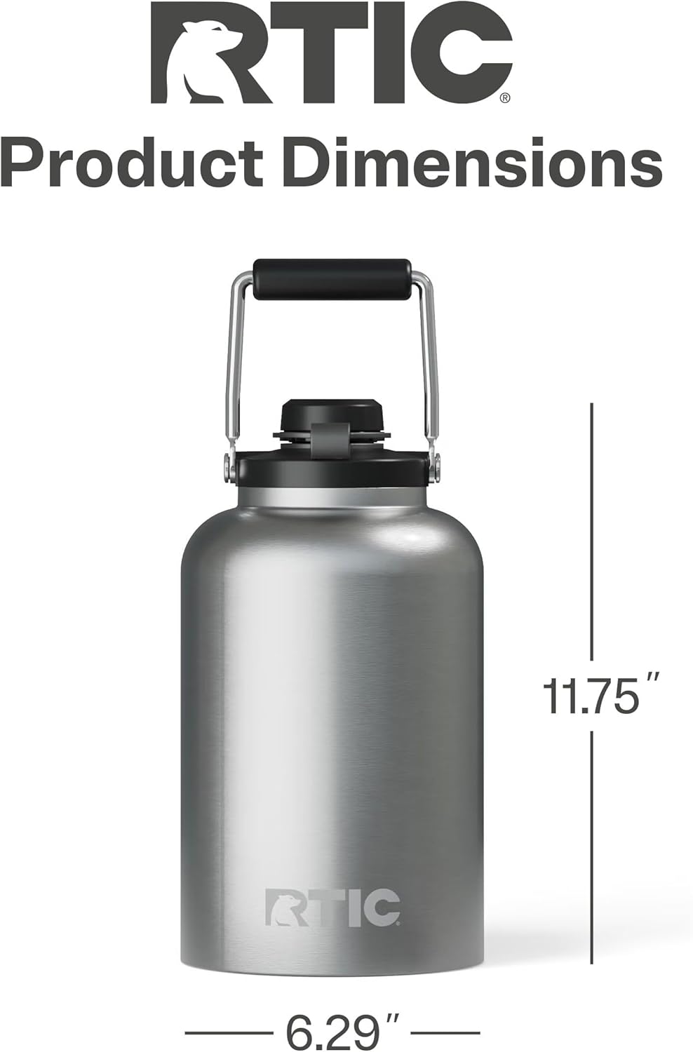 RTIC 1 Gallon Outback Jug, Stainless Steel, Ceramic Lined Insulated Water Bottle with Lid and Handle, BPA-Free, Double Wall Vacuum Insulation, Stainless
