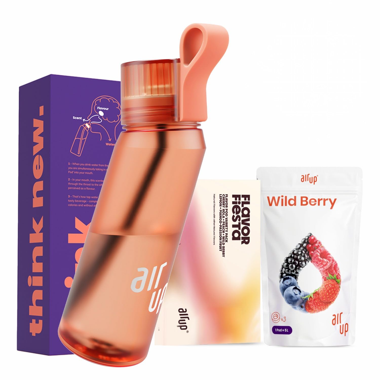 air up® water bottle (21oz) Twist Vibrant Green starter set with 5-Pod Variety Pack Flavor Fiesta, Orange Strap & Straw Brush | sugar-free flavoring | dishwasher-safe, BPA-free