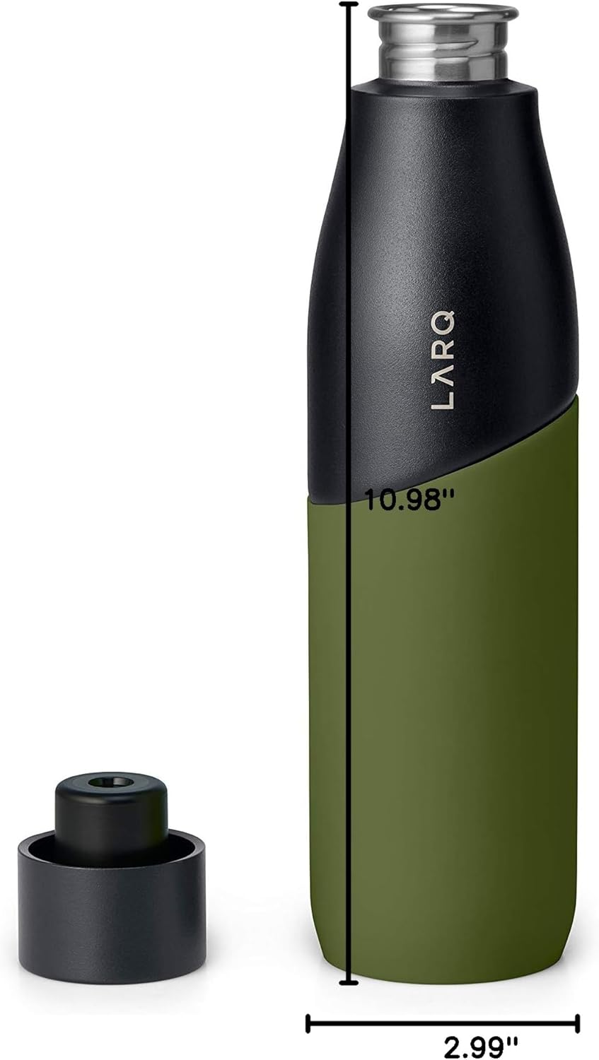LARQ Bottle Movement PureVis 32 oz- Lightweight Self-Cleaning and Non-Insulated Stainless Steel Water Bottle with UV Water Purifier | Reusable & Travel Friendly, Black/Pine
