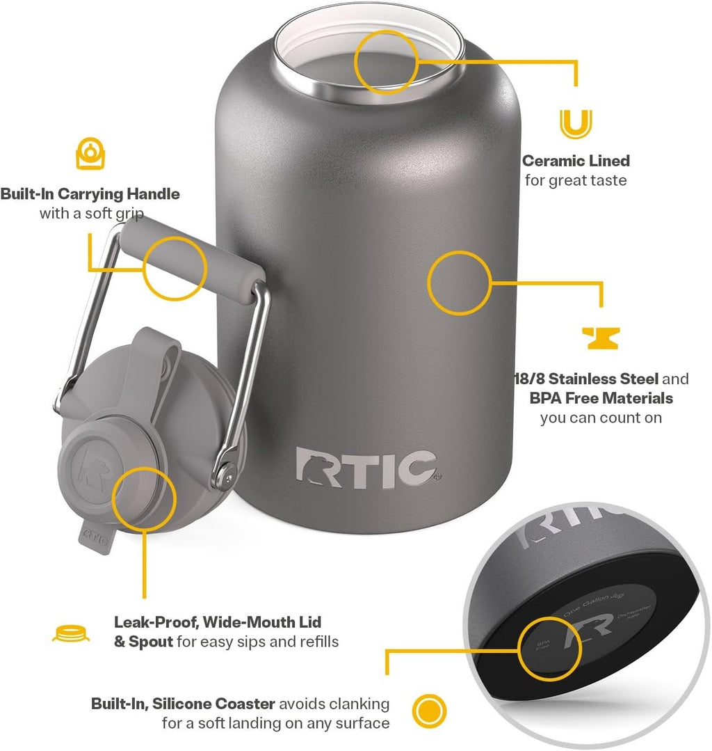 RTIC 1 Gallon Outback Jug, Stainless Steel, Ceramic Lined Insulated Water Bottle with Lid and Handle, BPA-Free, Double Wall Vacuum Insulation, Graphite
