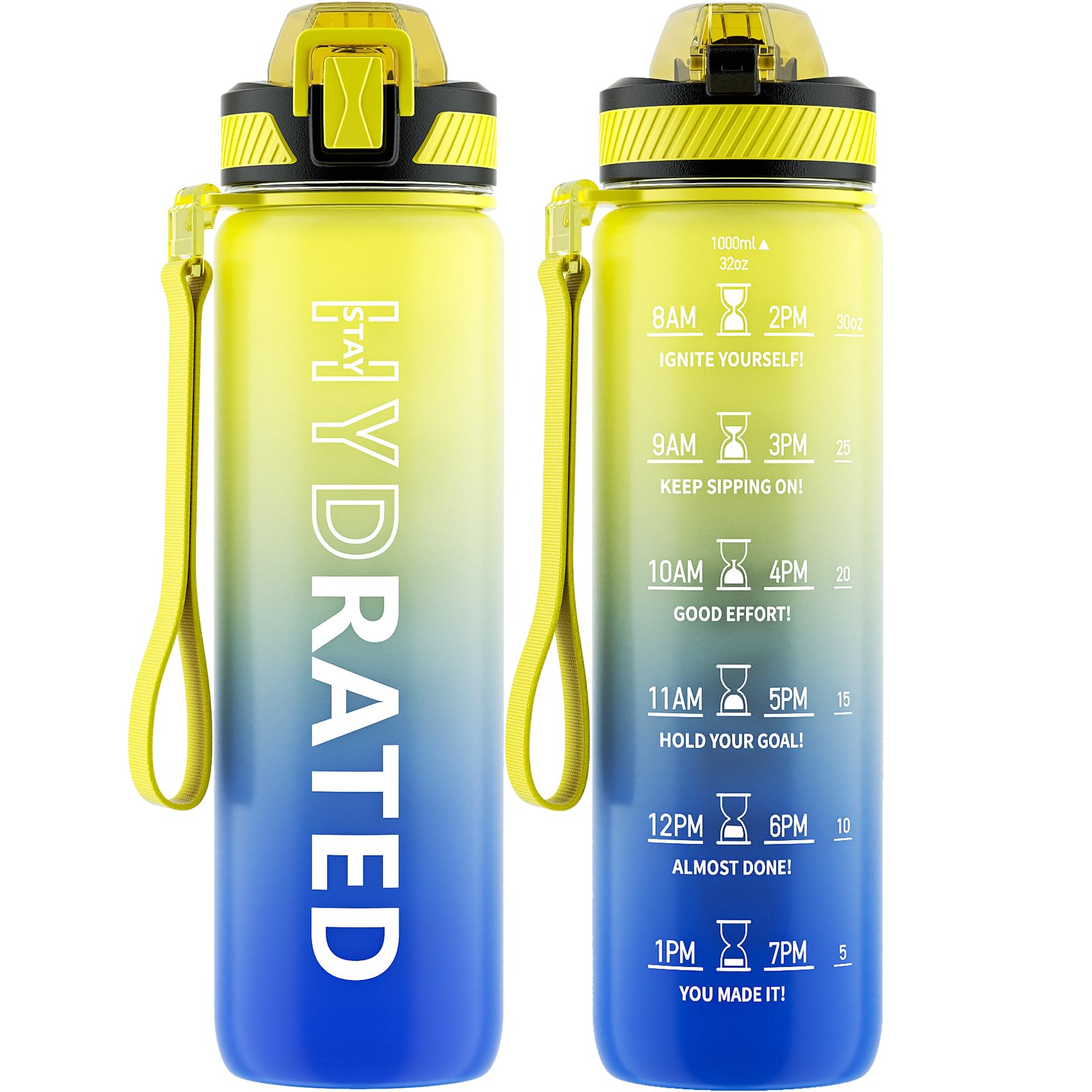 Water Bottle with Straw, 32oz Motivational Water Bottles with Time Marker to Drink, Tritan BPA Free, 1L Sports Water Bottle with Carry Strap LeakProof for Women Gym Fitness Outdoor (1 Pack)