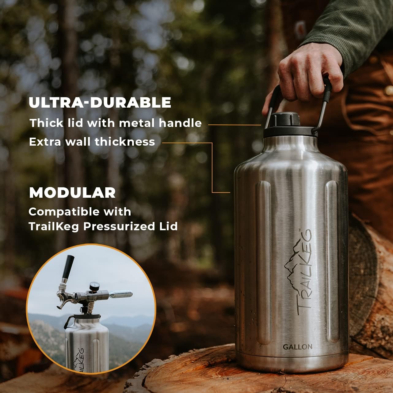 TrailKeg Sports Water Bottle, 128 oz, One Gallon, Vacuum Insulated Stainless Steel, Double Walled, Hot for 12 Hours, Cold for 48 Hours, Wide Mouth Metal Jug