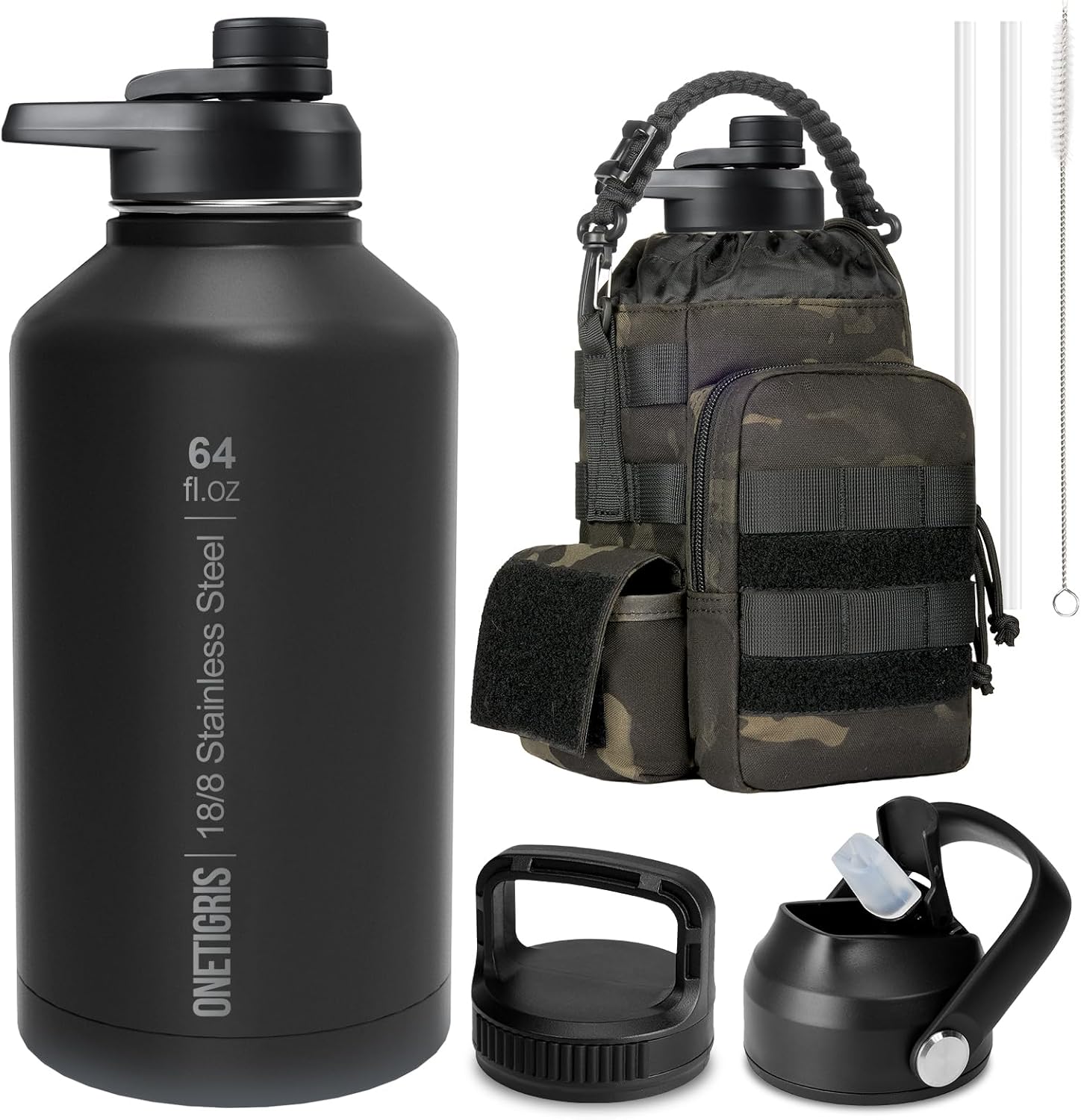 ONETIGRIS Tactical Half Gallon Water Bottle with Straw - 64 oz Vacuum Insulated Stainless Steel Water Jug, Leakproof Sport Bottle with 3 BPA Free Lids, Paracord Handle & MOLLE Water Pouch for Outdoor