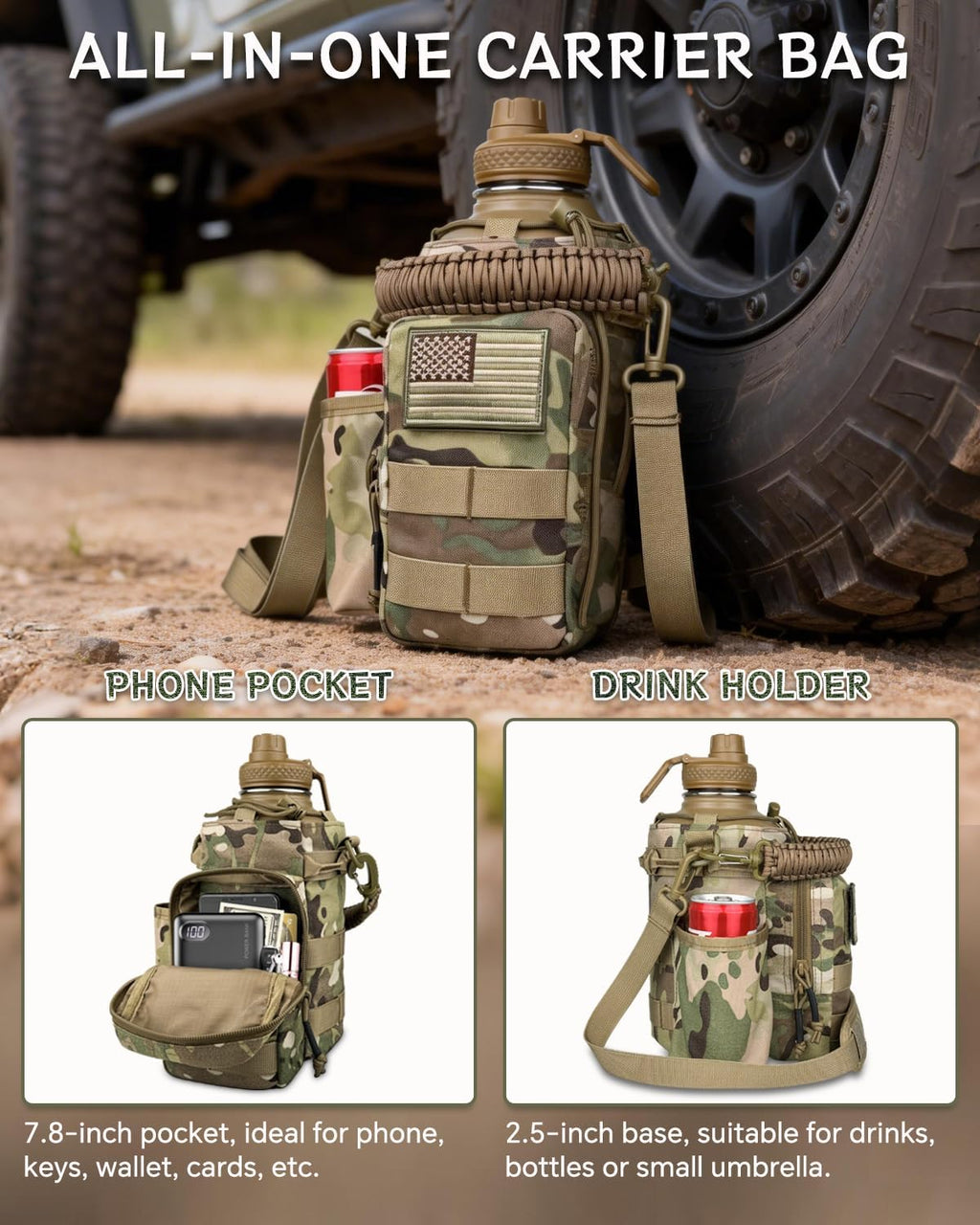 COOLYARD Half Gallon Water Bottle Insulated with Sleeve-64 oz Stainless Steel Water Jug with Strap Paracord Handle Metal Sport GYM Water Bottles for Hunting Hiking Travel Biking Camo CP