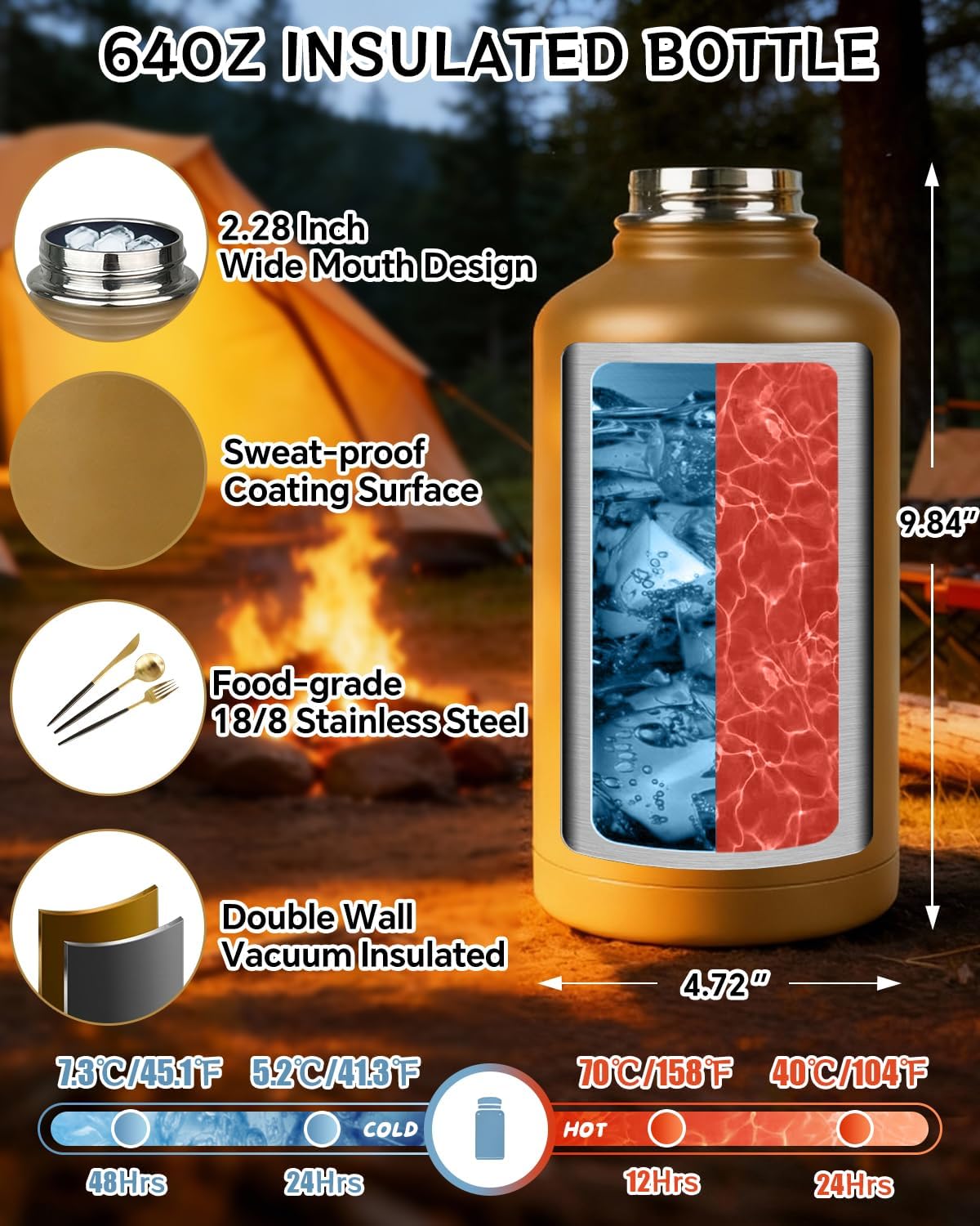 COOLYARD Half Gallon Water Bottle Insulated with Sleeve-64 oz Stainless Steel Water Jug with Strap Paracord Handle Metal Sport GYM Water Bottles for Hunting Hiking Travel Biking Camo CP