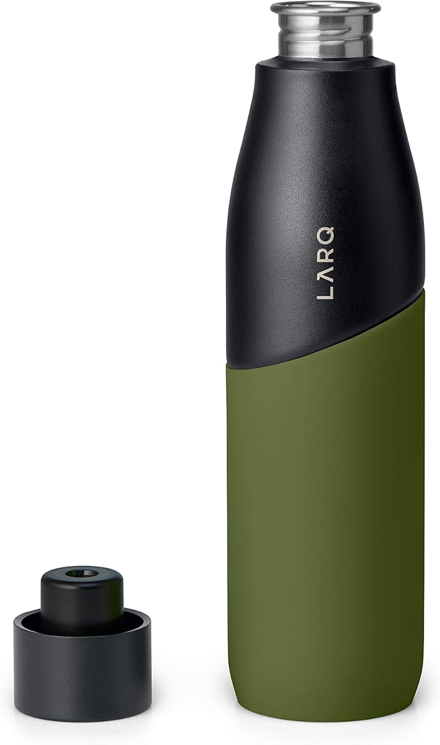 LARQ Bottle Movement PureVis 32 oz- Lightweight Self-Cleaning and Non-Insulated Stainless Steel Water Bottle with UV Water Purifier | Reusable & Travel Friendly, Black/Pine