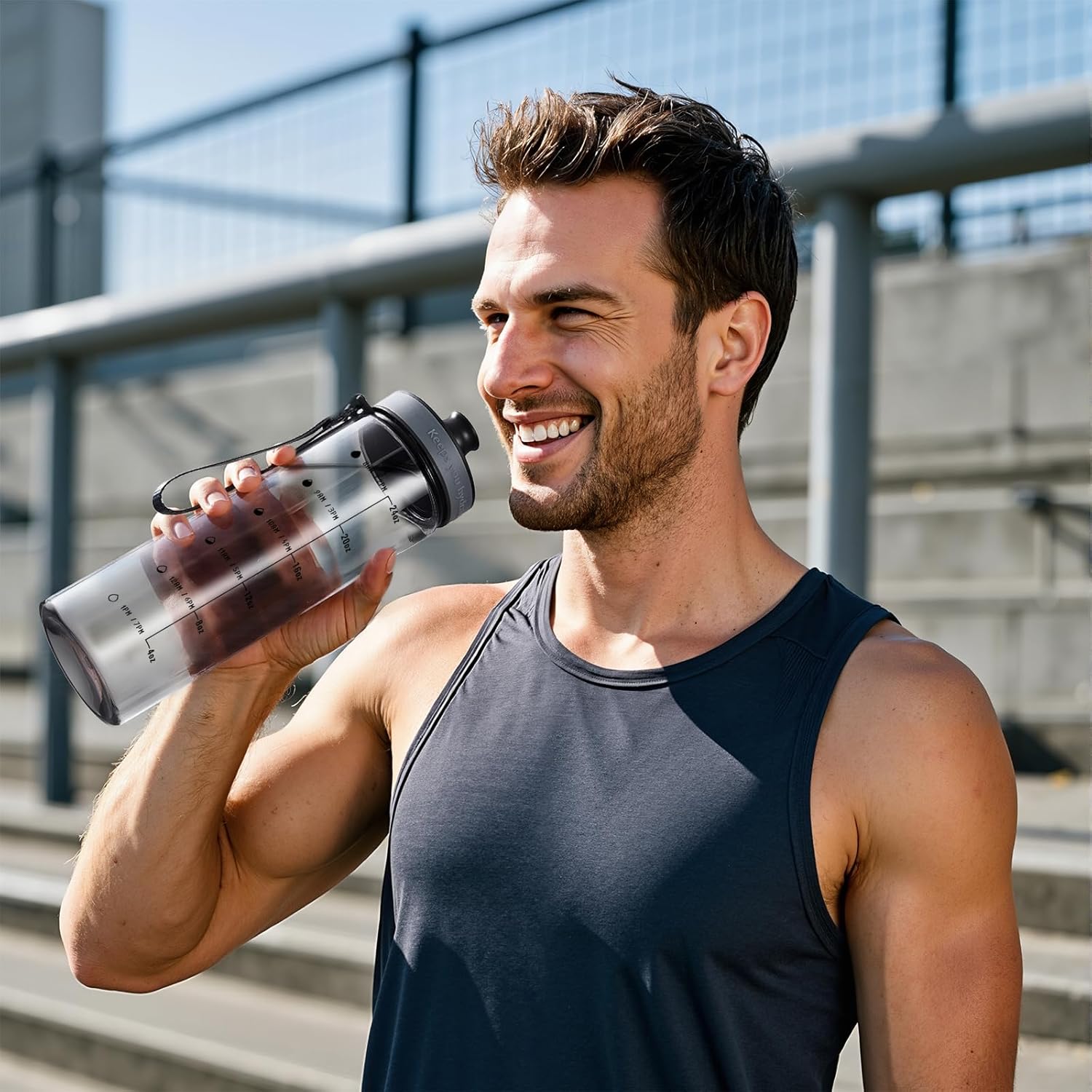 Plastic Water Bottles, 28oz Clear Water Bottle with Measurements, Wide Mouth Water Bottle with Strap, Gym Water Bottles for Men (Grey)