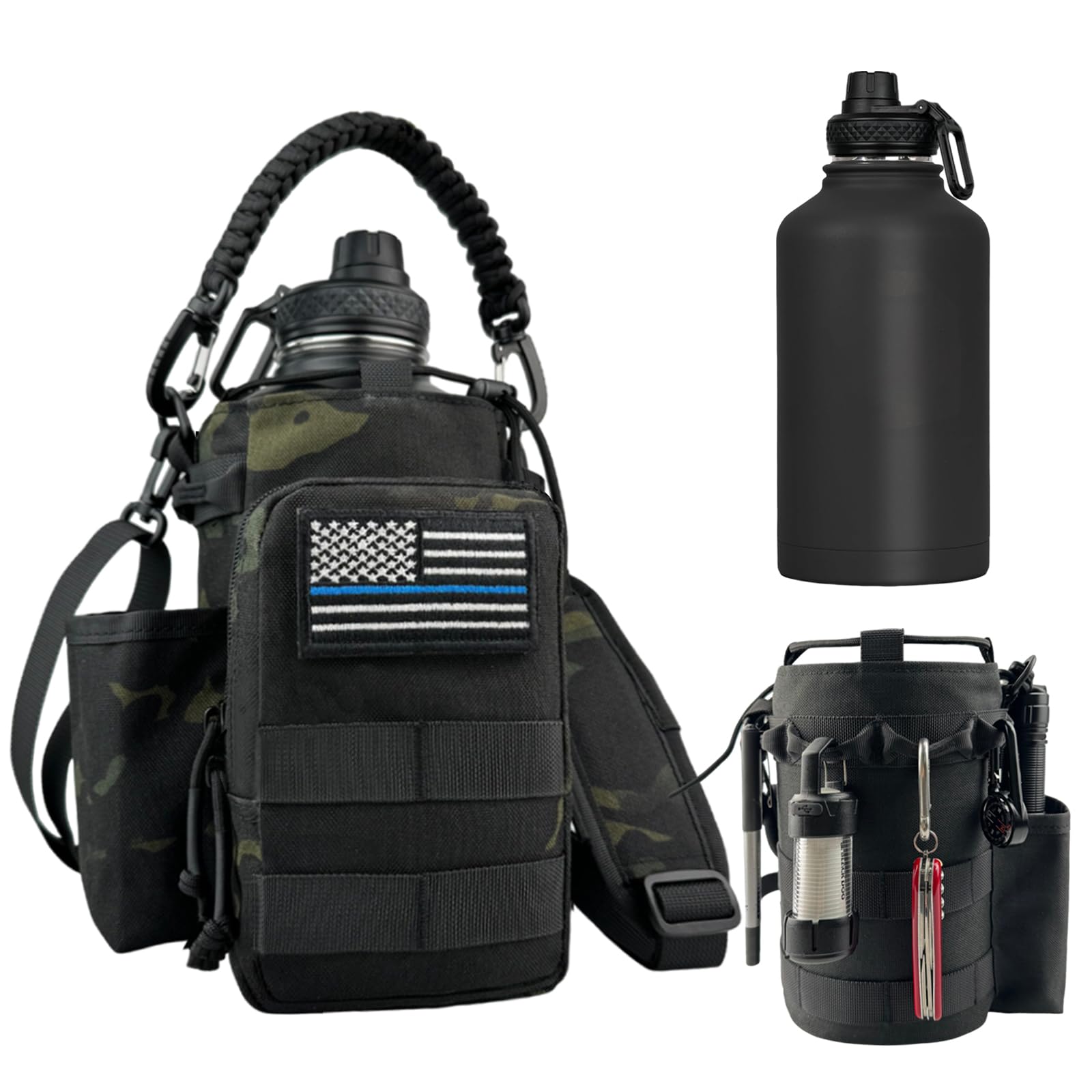 COOLYARD Half Gallon Water Bottle Insulated with Sleeve-64 oz Stainless Steel Water Jug with Strap Paracord Handle Metal Sport GYM Water Bottles for Hunting Hiking Travel Biking Camo CP