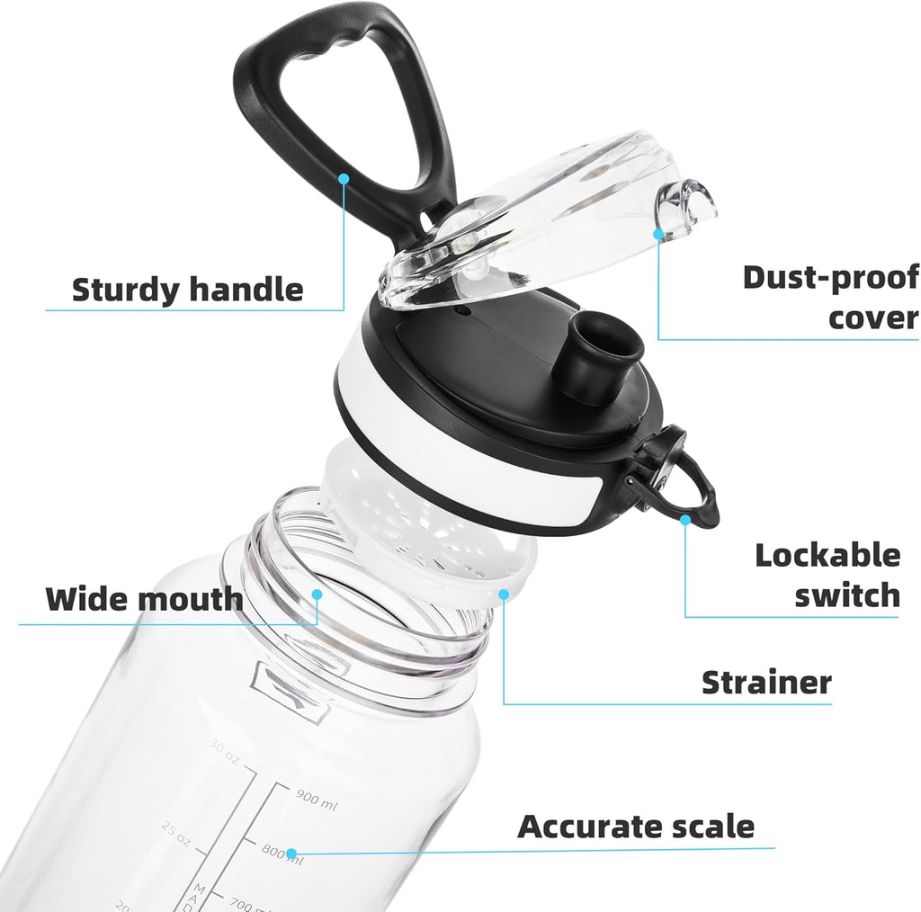 Fanhaw 32 Oz Clear Tritan Water Bottle, BPA-Free & Leak-Proof, Wide Mouth with Anti-dust Chug Lid, Reusable Plastic Bottle for Gym, Travel, School & Office (Clear&White)