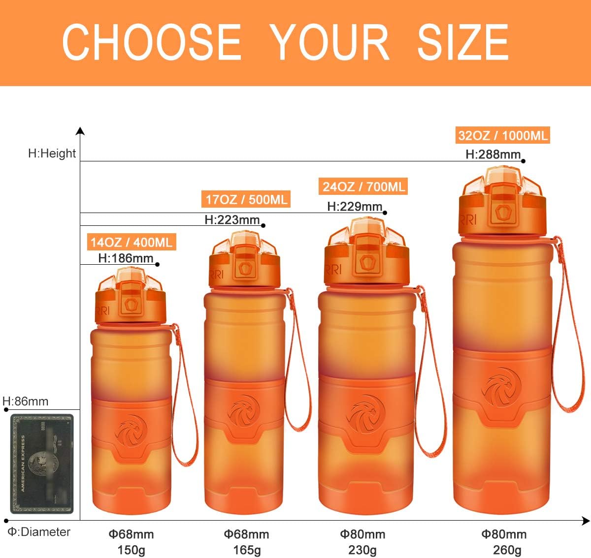 ZORRI Sports Water Bottle, 400/500/700ml/1L, BPA Free Leak Proof Tritan Lightweight Bottles for Outdoors,Camping,Cycling,Fitness,Gym,Yoga- Kids/Adults Drink Bottles with Filter, Lockable Pop Open Lid