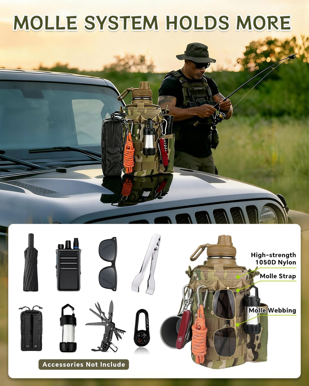 COOLYARD Half Gallon Water Bottle Insulated with Sleeve-64 oz Stainless Steel Water Jug with Strap Paracord Handle Metal Sport GYM Water Bottles for Hunting Hiking Travel Biking Camo CP