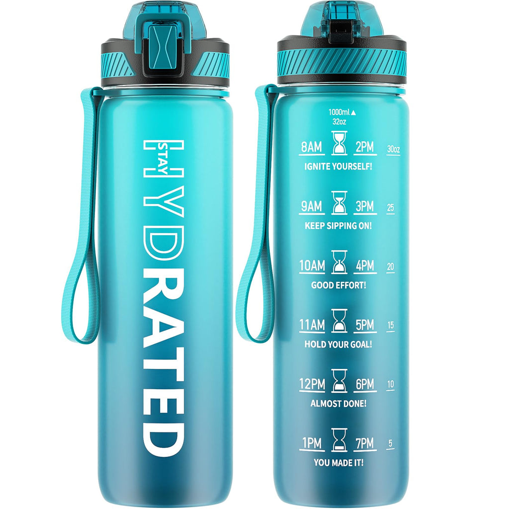 Water Bottle with Straw, 32oz Motivational Water Bottles with Time Marker to Drink, Tritan BPA Free, 1L Sports Water Bottle with Carry Strap LeakProof for Women Gym Fitness Outdoor (1 Pack)