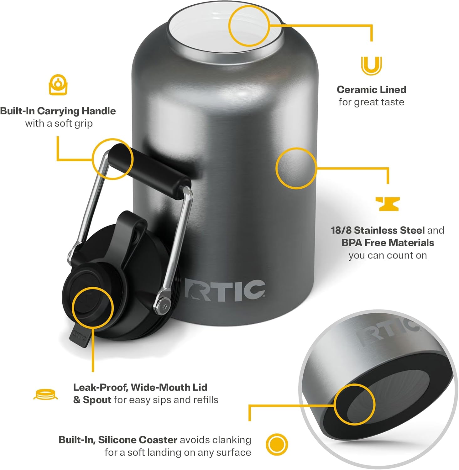 RTIC 1 Gallon Outback Jug, Stainless Steel, Ceramic Lined Insulated Water Bottle with Lid and Handle, BPA-Free, Double Wall Vacuum Insulation, Stainless