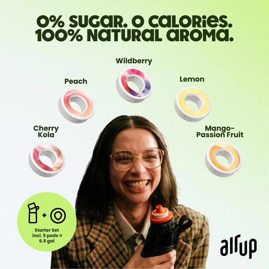 air up® water bottle (21oz) Twist Vibrant Green starter set with 5-Pod Variety Pack Flavor Fiesta, Orange Strap & Straw Brush | sugar-free flavoring | dishwasher-safe, BPA-free