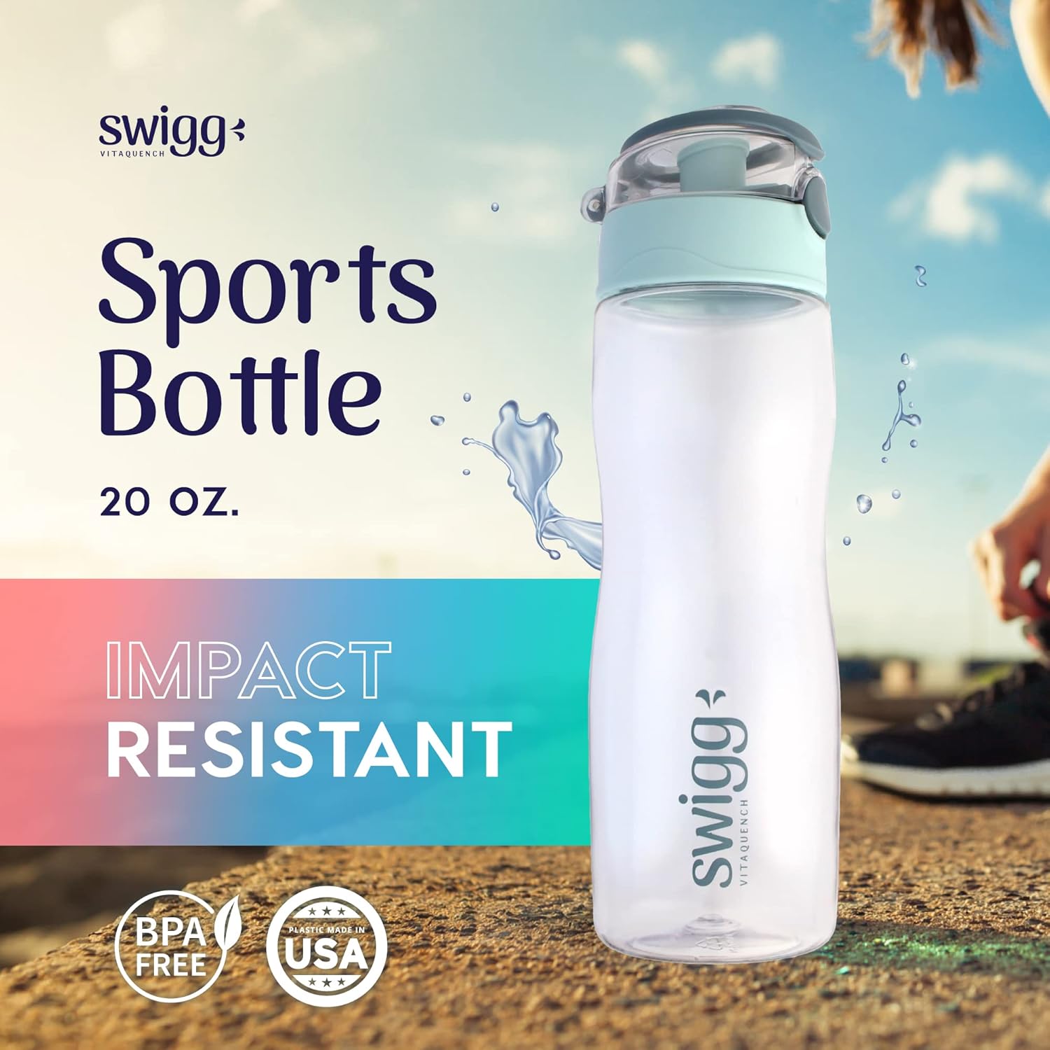 Swigg 1 BPA Free Sports Water Bottles for School Gym Bicycle Car - Leak Proof Sports Waterbottles - See Through Reusable Clear Water Bottle botella de agua Made of Tritan Plastic Refillable 20-24oz
