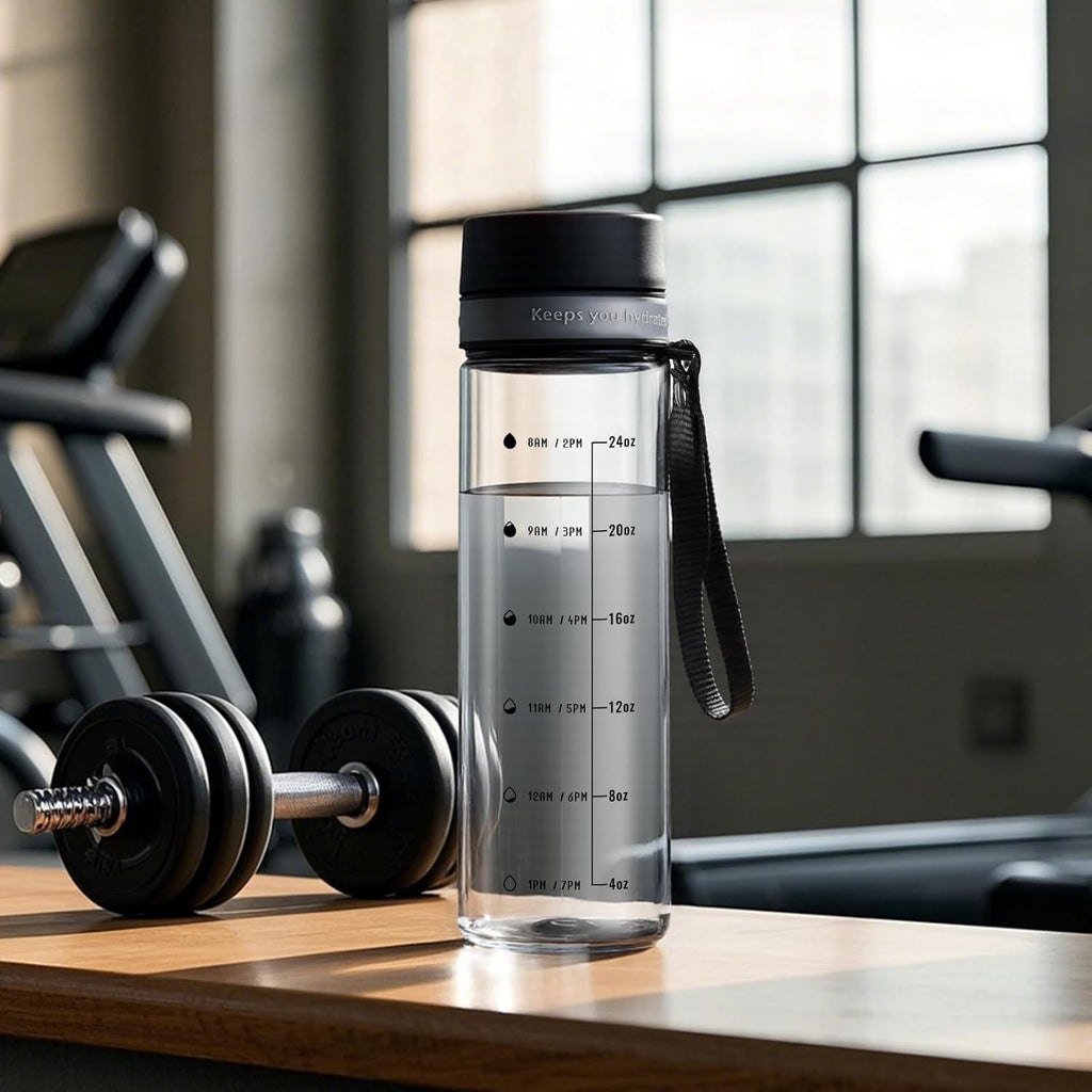 Plastic Water Bottles, 28oz Clear Water Bottle with Measurements, Wide Mouth Water Bottle with Strap, Gym Water Bottles for Men (Grey)