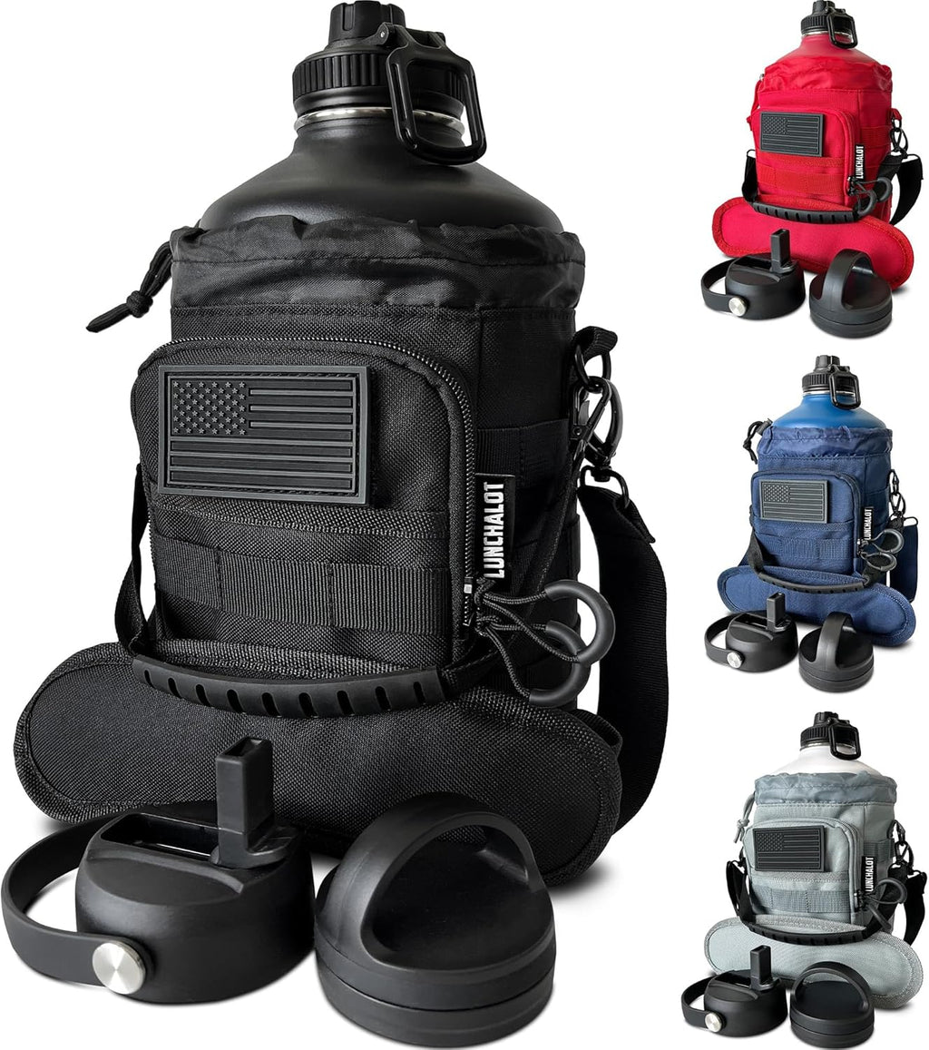 1 Gallon Water Bottle - 128 Oz Insulated Stainless Steel Metal Water Bottle with Holder - Carrying Bag - Spout Handle - Straw Lids - Keep Cold & Hot - Black Tactical Flask