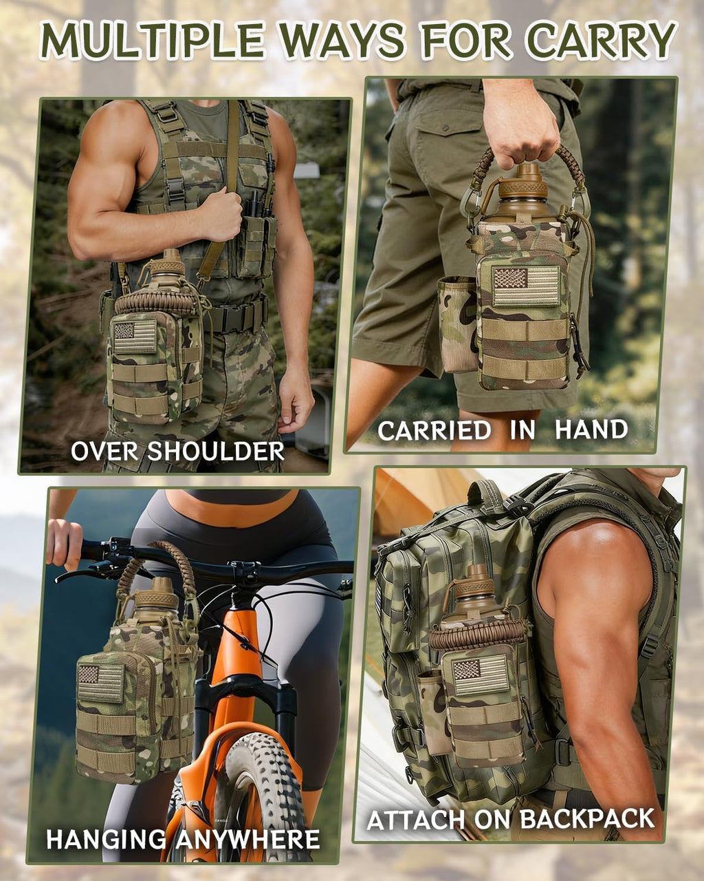 COOLYARD Half Gallon Water Bottle Insulated with Sleeve-64 oz Stainless Steel Water Jug with Strap Paracord Handle Metal Sport GYM Water Bottles for Hunting Hiking Travel Biking Camo CP